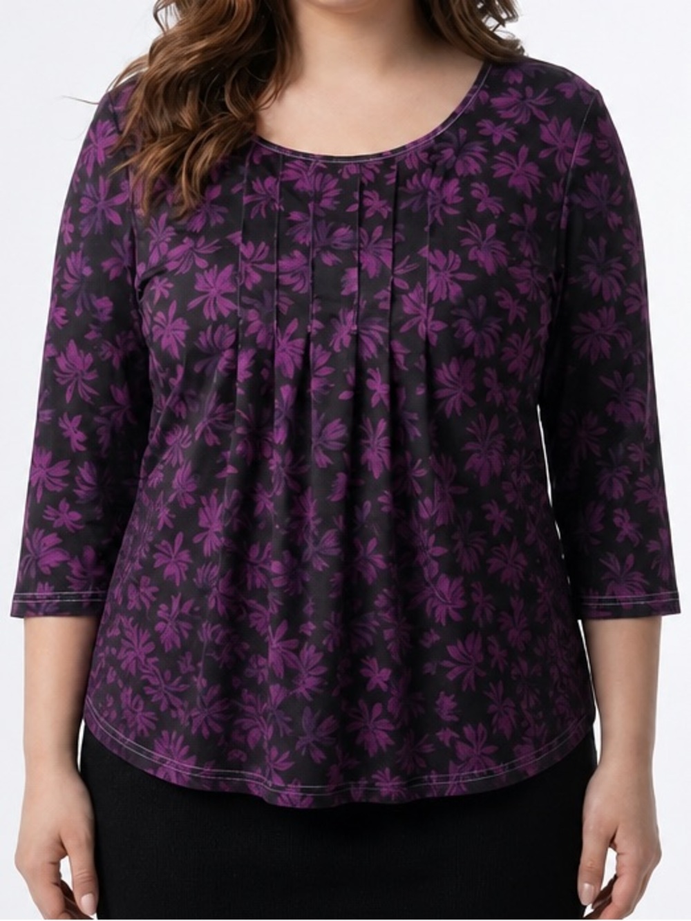 Bon Apple tea‎ purple flowers on black  top blouse 
Size 1X